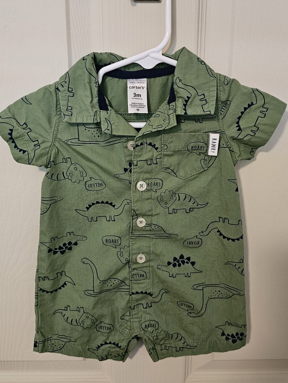 Carter's Boys 3 Months Green Dinosaur Romper One-Piece Short Sleeve Collared